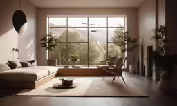 a living room with windows to a mountain view