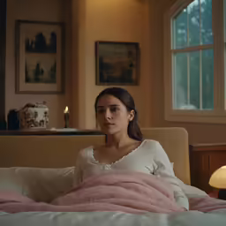 a woman sitting on top of a bed covered in blankets