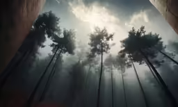 some tall trees in a forest with a sky