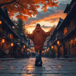 the back view of a person walking down a brick street at dusk