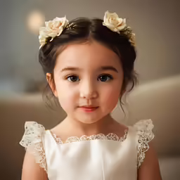 a little girl with blue eyes and flower in her hair