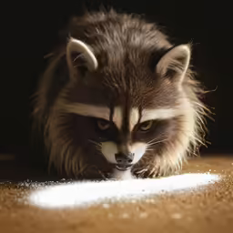 a racoon is staring intently at the camera