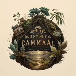 a round sign with an illustration of trees and other objects on it