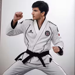 a male model posing in a white suit and black belt