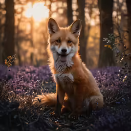 a fox sits in the middle of purple flowers