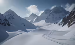 a snow covered mountain range with tracks in the snow