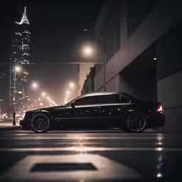 black car driving down the street in the dark