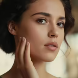 an image of a woman that is holding her hand to her face