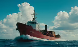 a large red boat is in the open water