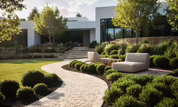 a large house with a white chair in the yard
