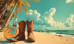 a cowboy hat, guitar and boots sit on the sand on a beach