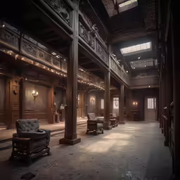 an empty ballroom with chairs and lighting hanging from the ceiling