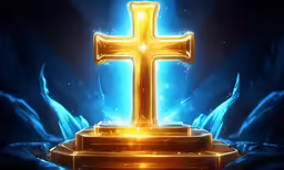 a cross on a pedestal in front of some blue and yellow light