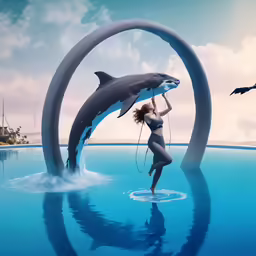 a woman is holding a dolphin in the water