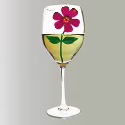 a glass of wine with a flower painted on it,the wine glass has a stem with a red flower painted on it