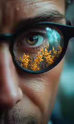 a man in black glasses with flowers reflected in it