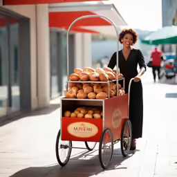 a woman standing with a cart full of fruit