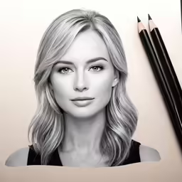 a drawing of a girl with long hair and black pencils next to it