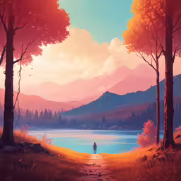 the painting is of a woman walking down a path towards a lake,a person standing on the road next to a body of water