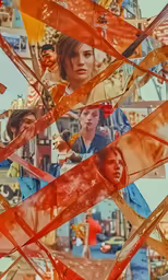 a collage shows many portraits of people in a city