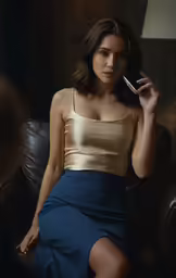 a girl in gold top and a blue skirt