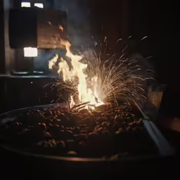 the fire burns in the dark with bright lights