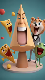 a cartoon character is surrounded by pizza slices and a bear