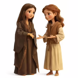 two dolls one in a dress and the other in a brown robe