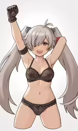 a woman wearing a black bra and bra, and with grey hair in her mouth, holding