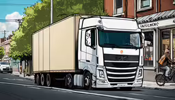 a cartoon of a man on a bike walking in front of a large truck,a truck parked in front of a building next to two bicycles