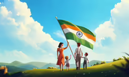 the family holding the flag is waving the india flag