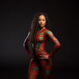 a woman in a bodysuit with multiple color patterns,a beautiful woman in a full body dress