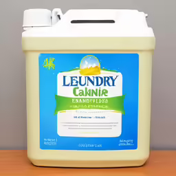 a gallon of laundry liquid sitting on a wooden table