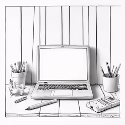 the desk has an apple computer, pencils, and other items on it