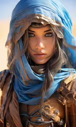 this beautiful image has very different facial shapes and headdress,a woman with a big blue bonnet and a blue scarf on her head