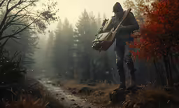 a man standing in the middle of a forest holding a bag