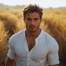 a male is posing in an open field