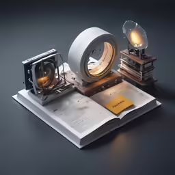 an open book on a table with some electronic gadgets and lights