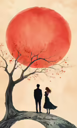a painting of a man and woman under a red tree