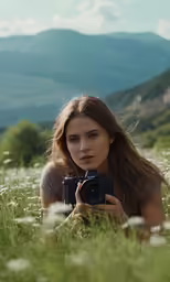a young girl sitting in the middle of grass with a camera