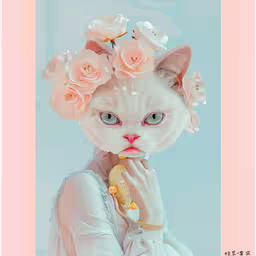 an adorable white cat with flowers in her hair,a cat with flowers on its head wearing a dress