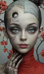 a woman in red is holding her hands near her face