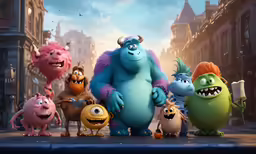 a group of monsters standing around each other in front of city