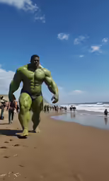 a man dressed as the avengers walks along the beach