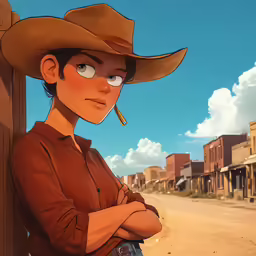 a young woman wearing a cowboy hat leaning on a wall