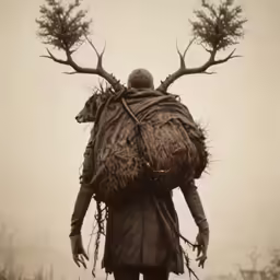 an older person wearing a deer like back pack