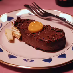 there is chocolate cake on a plate with a knife and fork