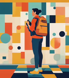 there is a man wearing a backpack looking at his phone,a man in orange shirt and blue pants carrying a backpack