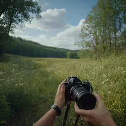someone holding their camera in their hands while looking at the field