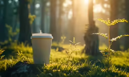 coffee cup sitting in the sunlight in the forest